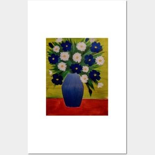 Some blue and white flowers in a metallic blue vas Posters and Art